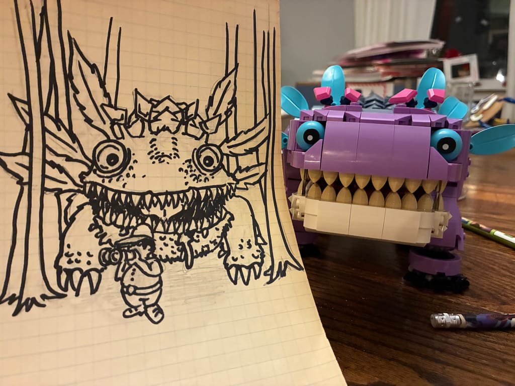 Drawing of my kid's Klombo lego build.